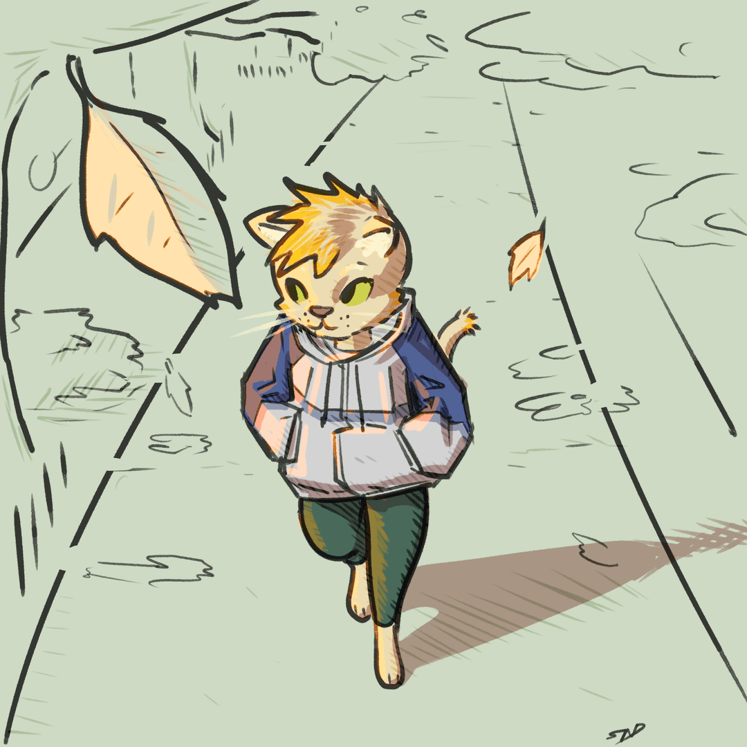 digital painting of Senna walking down a pathway while leaves fall around them. They are wearing a light jacket and leggings.