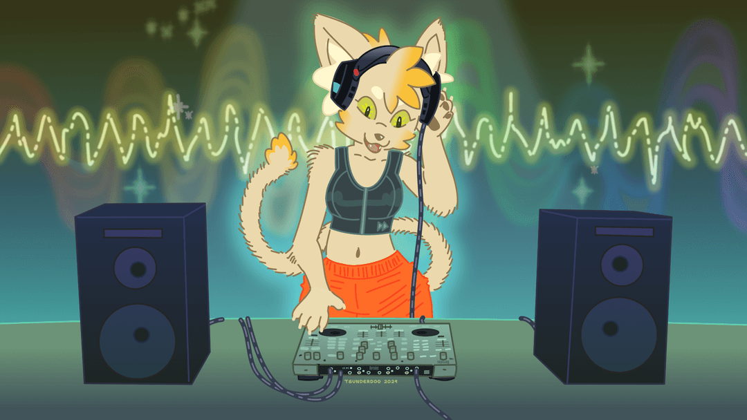 vector illustration of Senna DJing on a small controller and wearing orange parachute pants and a sports bra. There are large speakers on the table in front of them and a colorful, energetic background.