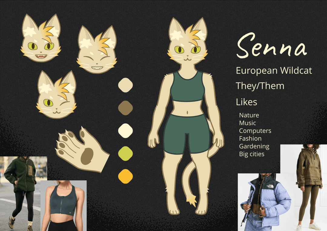 reference sheet for Senna, a cat person with sand-colored fur with orange highlights and green eyes. They are a European wildcat using they/them pronouns who likes nature, music, computers, fashion, gardening and big cities. They tend to wear sports jackets, leggings and sports bras.