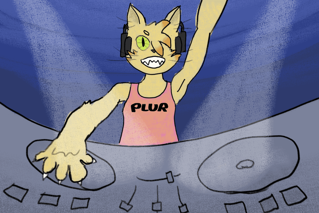 digital painting of Senna DJing at an outdoor venue, wearing a t-shirt that says PLUR.