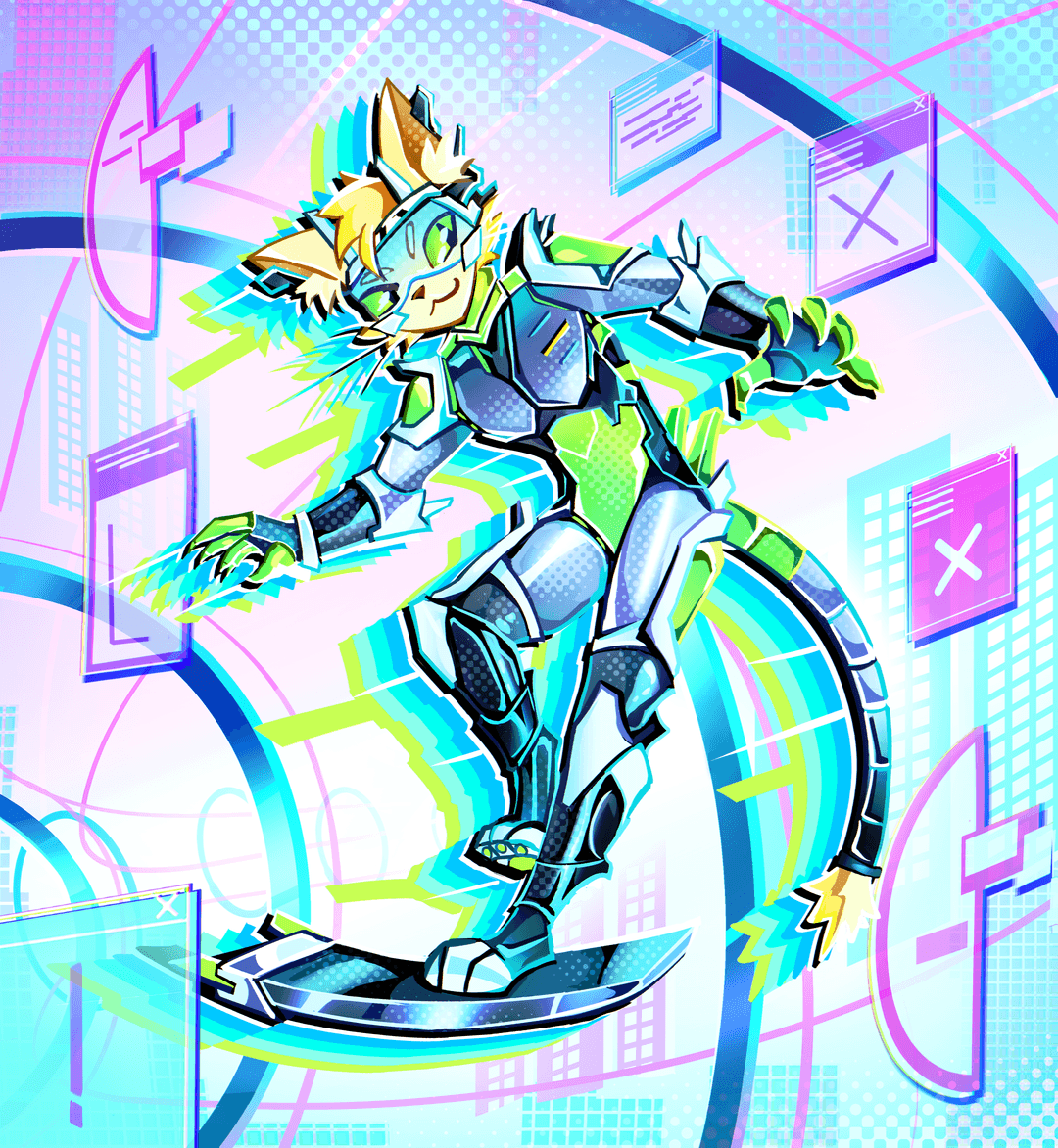 Illustration of an anthro cat character dressed in a futuristic, high-tech suit with glowing accents of green and blue riding a hoverboard through a virtual landscape. The character has yellow fur and green eyes and is set against a vibrant, abstract background filled with geometric shapes, digital screens, and swirling lines in shades of purple, pink, and teal.